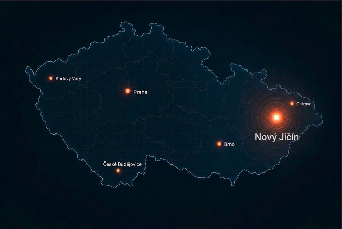 Mapa České republiky s vyznačenými městy: Nový Jičín, Praha, Brno, Ostrava, Karlovy Vary a České Budějovice